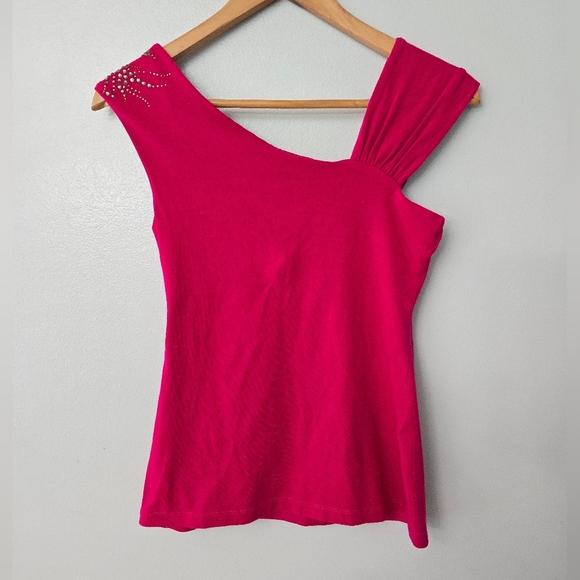 Express XS Pink Shirt Top Y2K Rhinestone Studded Accent Stretch - Picture 5 of 7